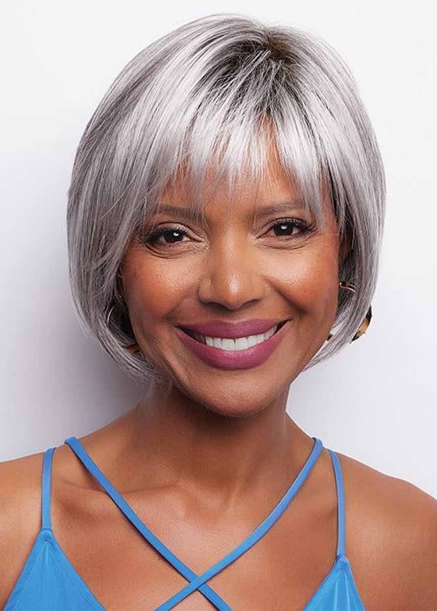 Straight Women Synthetic Hair Capless 130% 8 Inches Wigs With Bangs -  Grey Wigs