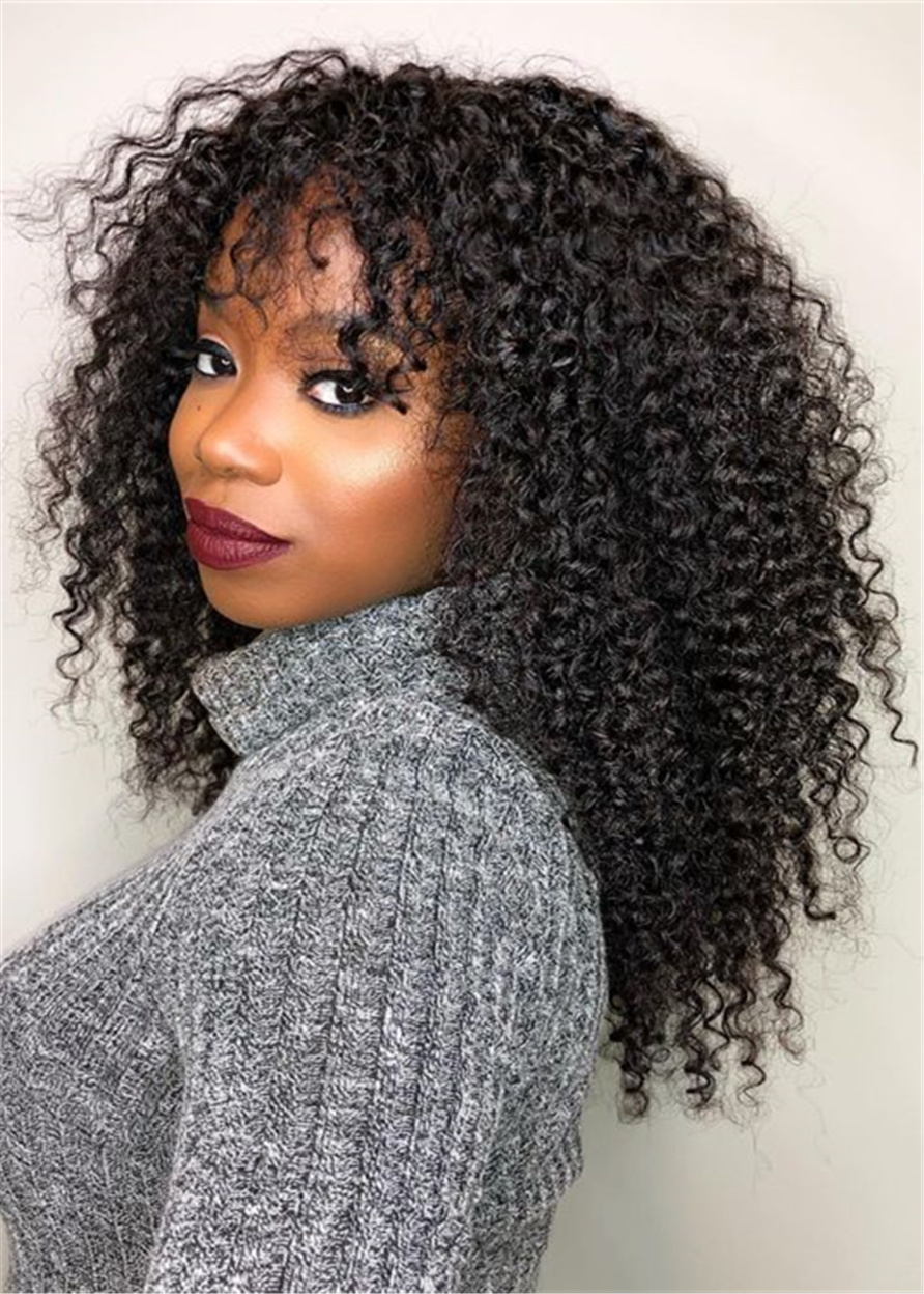 Women African American Wigs Kinky Curly Lace Front Cap Human Hair 16 Inches 120% Wigs
