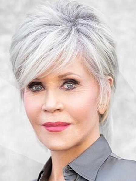 Jane Fonda Grey Short Layered Wigs Synthetic Wigs With Bangs