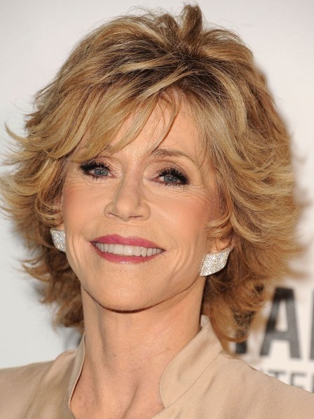 Jane Fonda Layered Human Hair Capless Wigs With Bangs