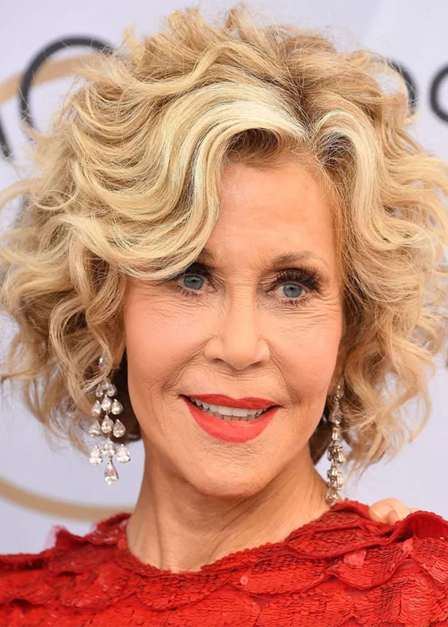 Jane Fonda Wigs Voluminous Bob Hairstyle Women's Big Curly Synthetic Hair Capless Wigs 14Inch