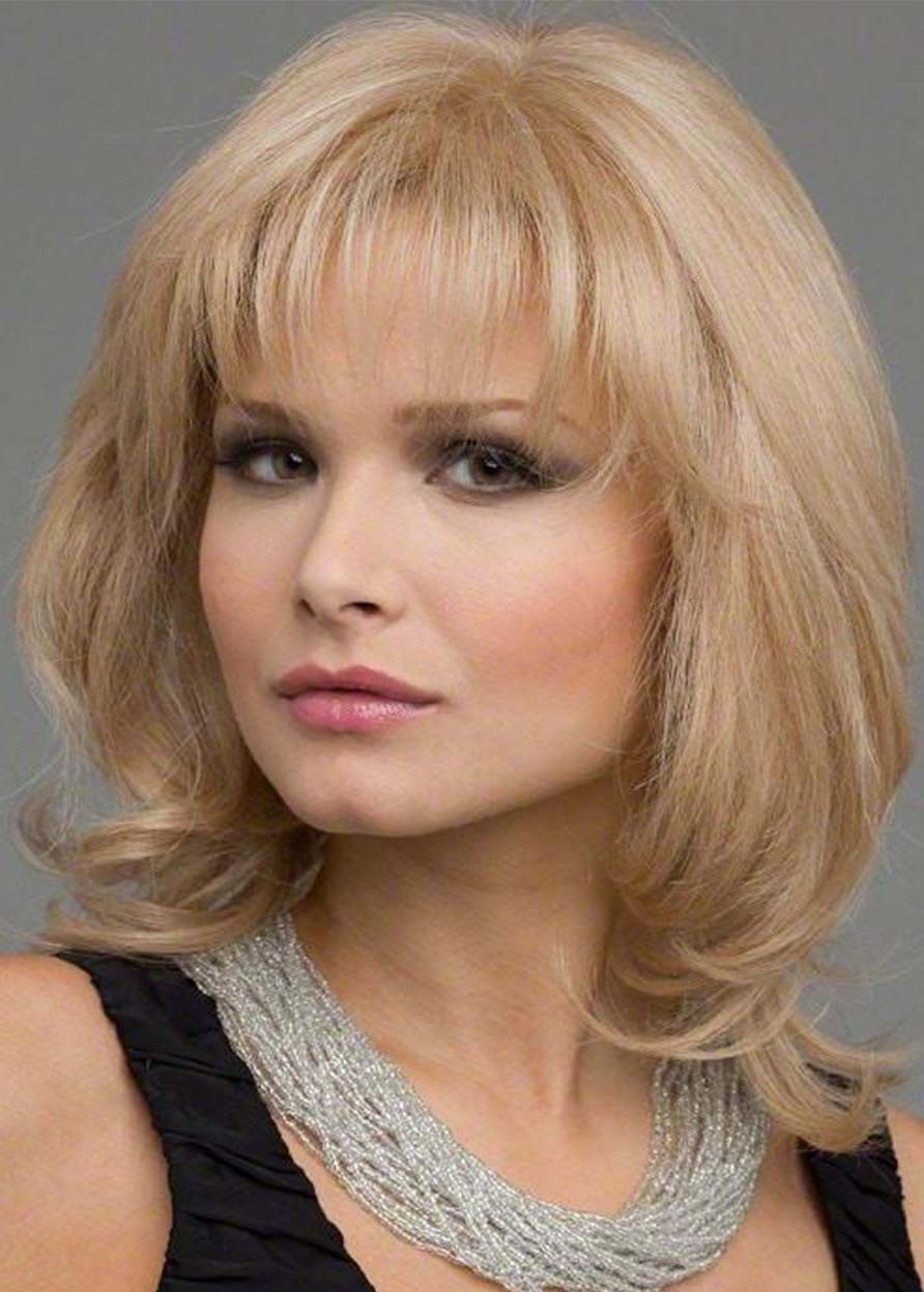 Women's Medium Hairstyles Light Color Layered Wavy Synhetic Hair Capless Wigs With Bangs 16Inch