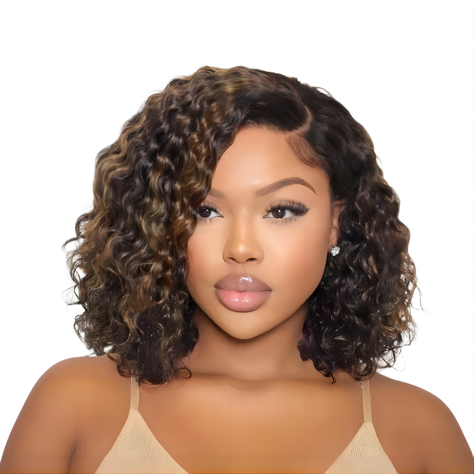 Casual Highlights Curly Lace Front Cap Minimalist  Part Short Wig 100% Human Hair 16 Inches