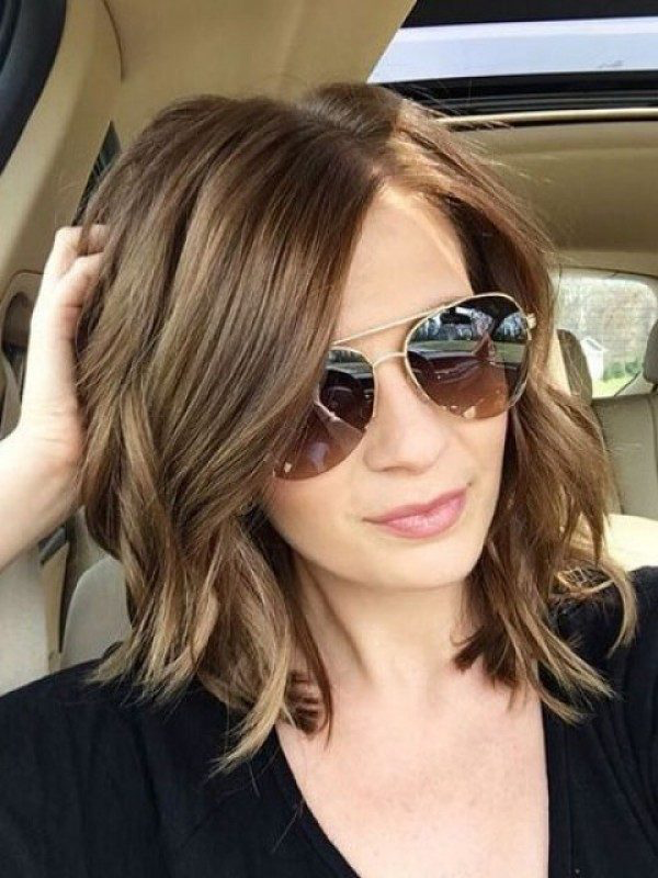 Short Layered Bob Hairstyle Women's Wavy Human Hair Lace Front Wigs With Bangs 14 Inch