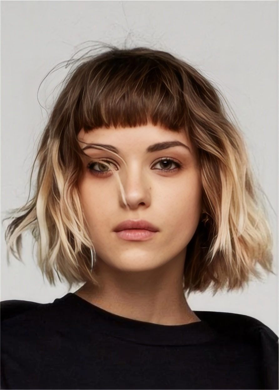 Bob Hairstyle Wavy Human Hair With Bangs Wig 12 Inches