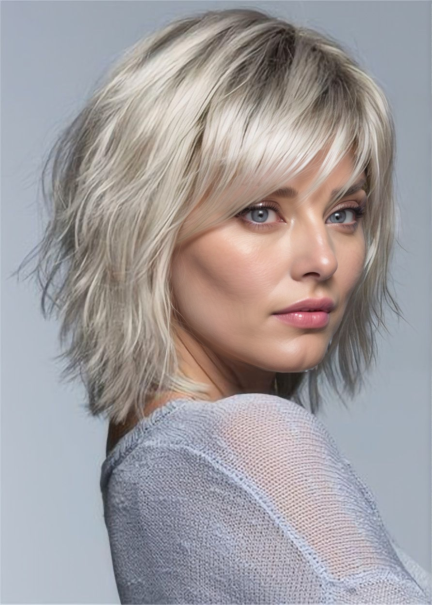 Short Layered Hairstyle Women's Blonde Natural Straight Synthetic Hair Lace Front Cap Wigs With Bangs 12 Inch