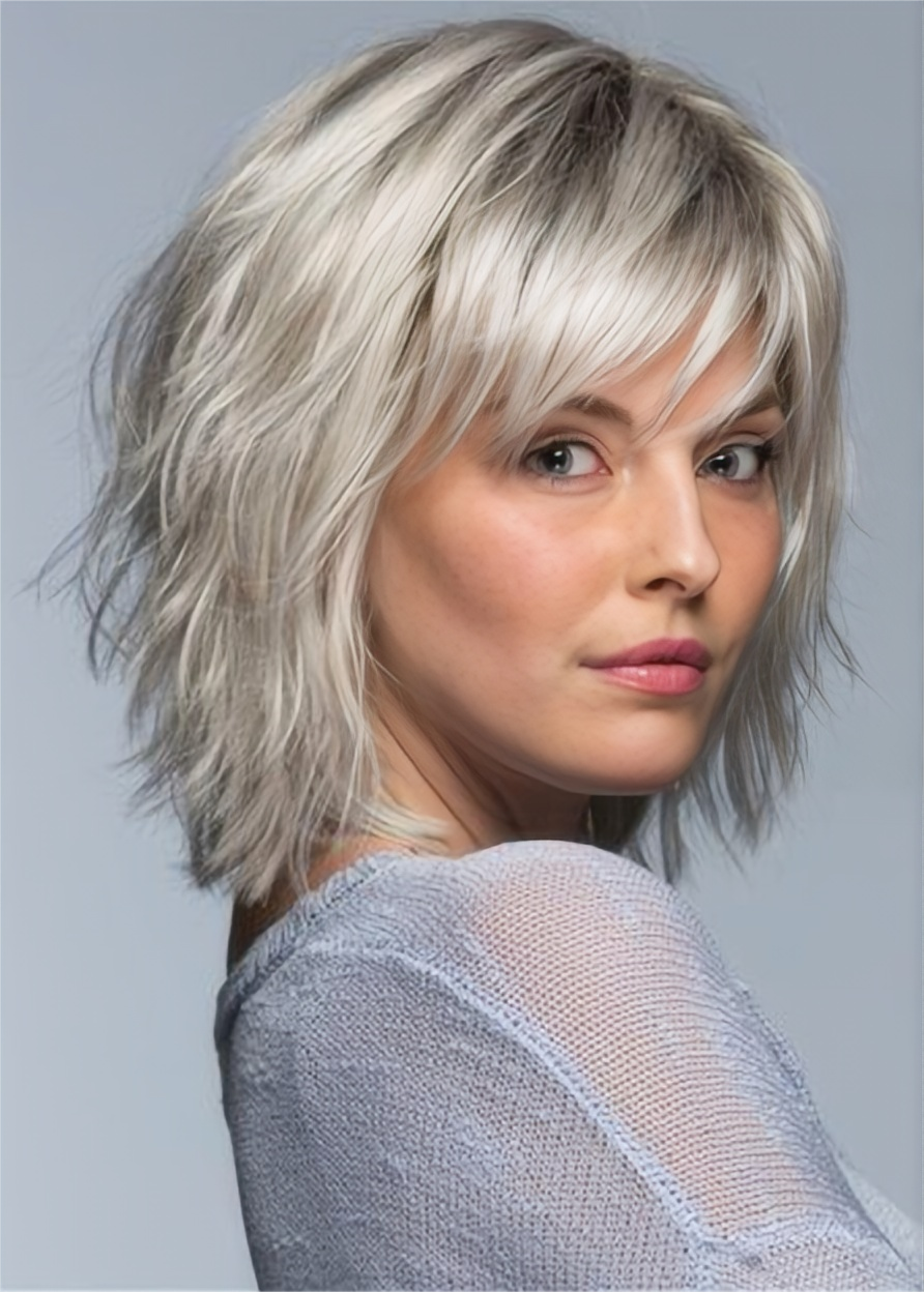 Short Layered Hairstyle Women's Blonde Natural Straight 100% Human Hair wigs Lace Front Cap Wigs With Bangs12 Inches