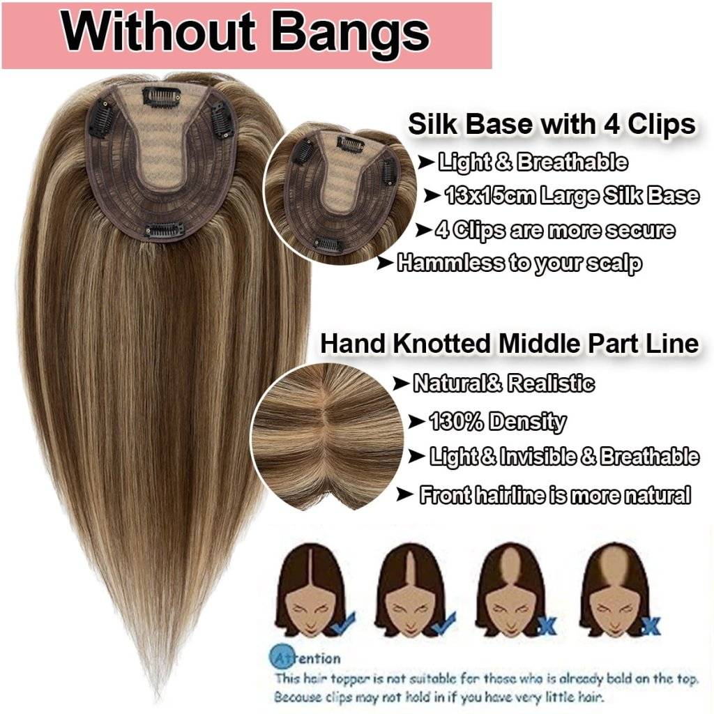  Human Hair Toppers For Women 100% Remy Topper With/Without Bangs 13*15CM Silk Base Clip In Topper 14inch - Blondepiece