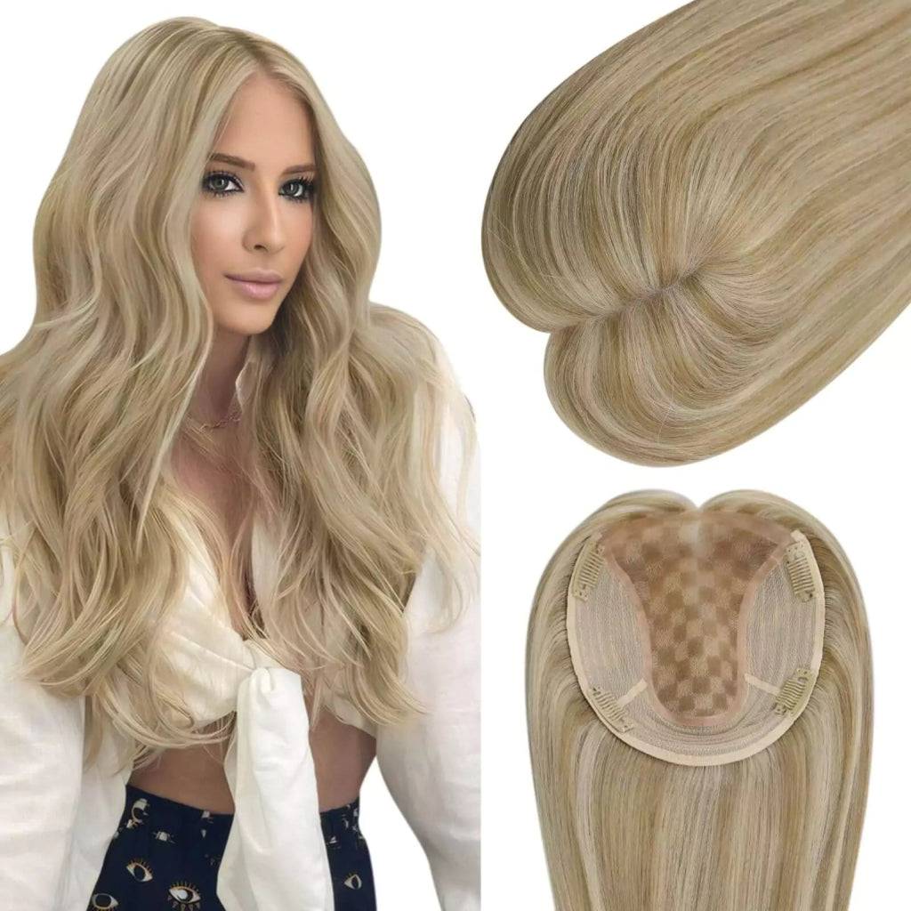  Virgin Clip on Hair Topper Large Base Highlight Blonde Wigs Hair Piecepiece