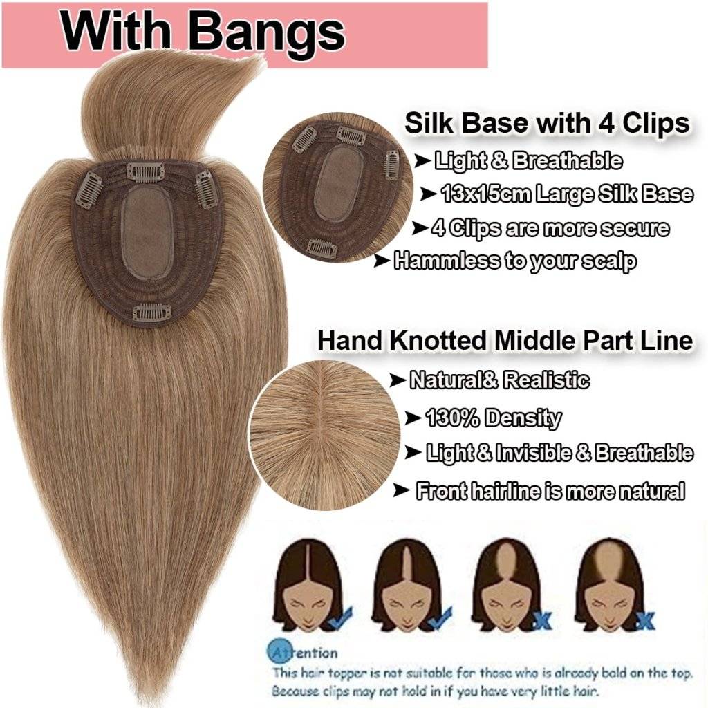  Human Hair Toppers For Women 100% Remy Topper With/Without Bangs 13*15CM Silk Base Clip In Topper 14inch - Blondepiece