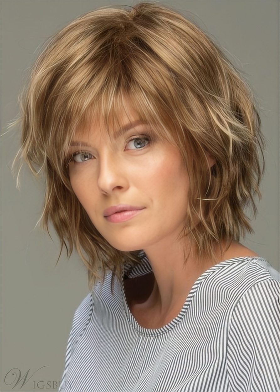 Messy Look Women's Shoulder Length Style Features Choppy Layers Wavy Human Hair Wigs Capless Wigs 10Inch