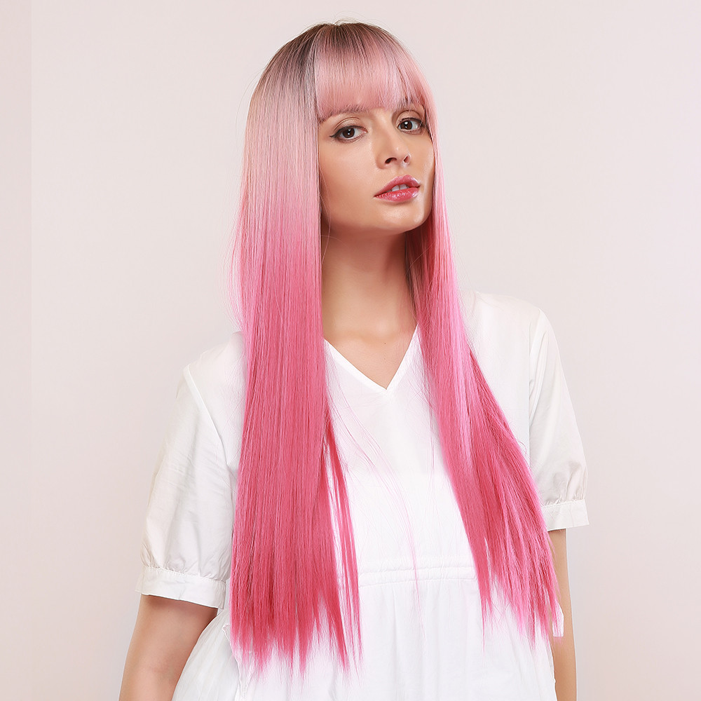 Women's Silky Straight Pink Color Synthetic Hair 130% Density Capless Wigs 28Inches