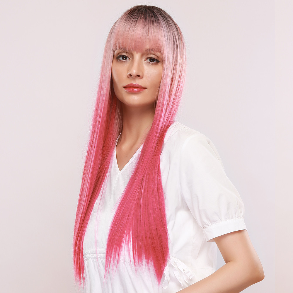 Women's Silky Straight Pink Color Synthetic Hair 130% Density Capless Wigs 28Inches