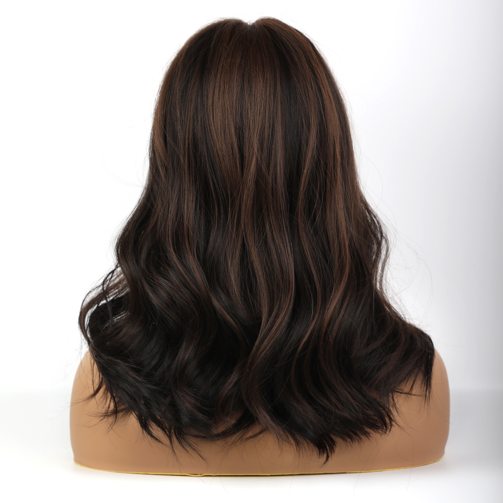 Dark Brown Highlights Wave Synthetic Hair Wigs With Bangs 20 Inches