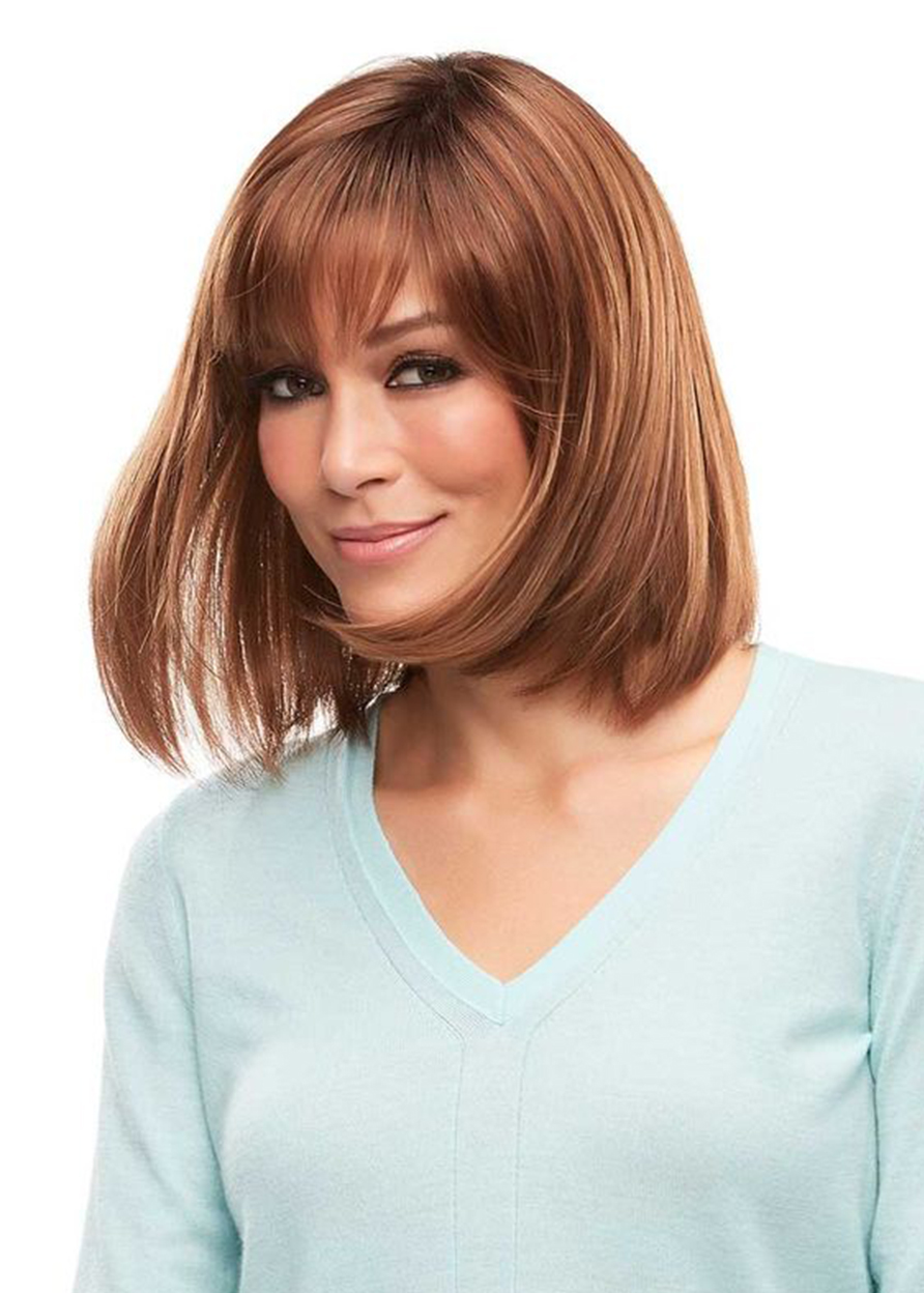 Women's Medium Bob Hairstyles Natural Straight Human Hair Wigs Lace Front Wigs With Bangs 16Inch