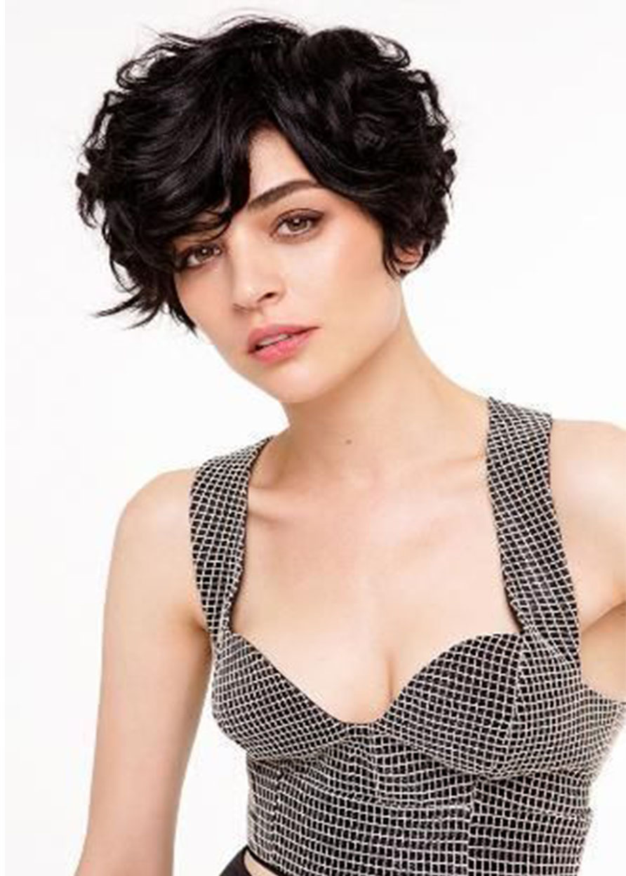 100% Human Hair Short Curly Women's Short Hairstyles Lace Front Cap Wigs 10Inches