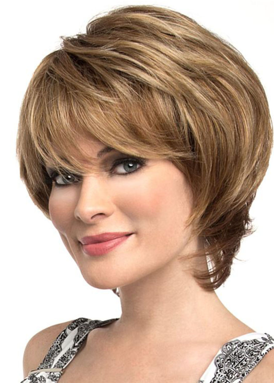Short Bob Hairstyles Women's Natural Straight Human Hair Wih Bangs Lace Front Cap Wigs 10Inch