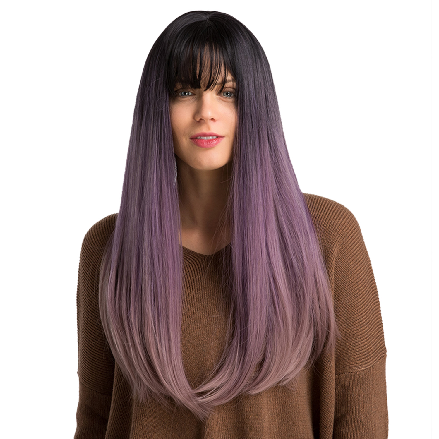 130% Density Long Straight Hair Wigs Black&Purple Color Synthetic Capless Wig 24inch