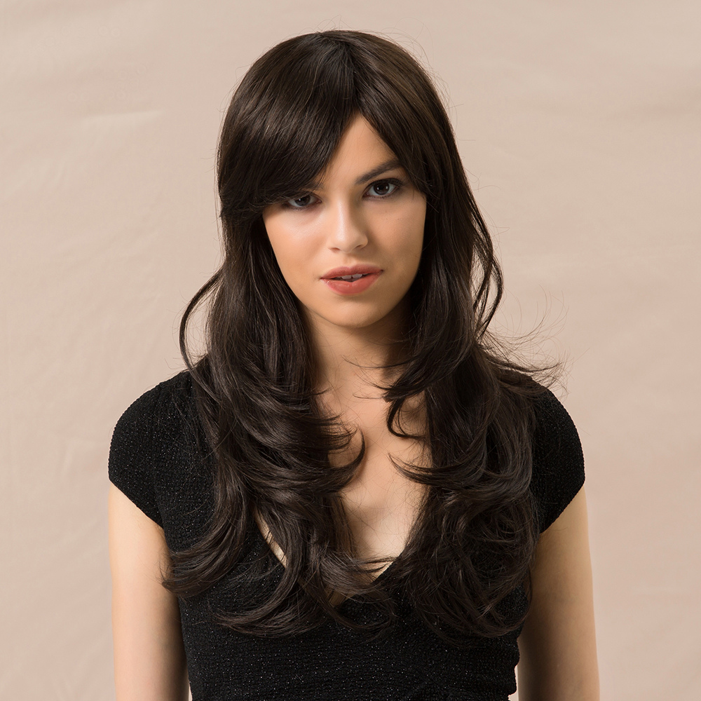 Long Wavy Human Hair Blend Wigs With Bangs 24 Inches