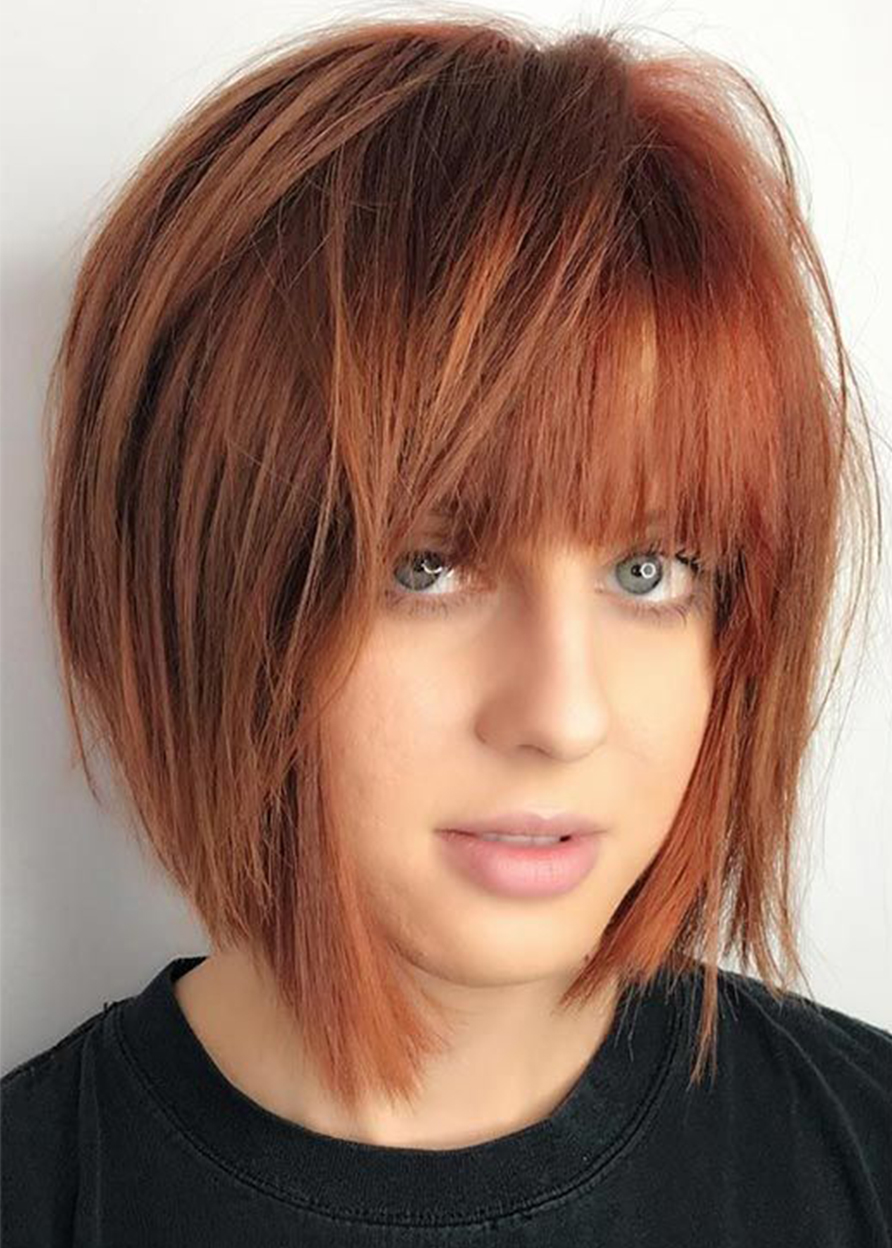 Women's Short Bob Hairstyles Natural Straight Synthetic Hair Capless Wigs With Bangs 14Inch