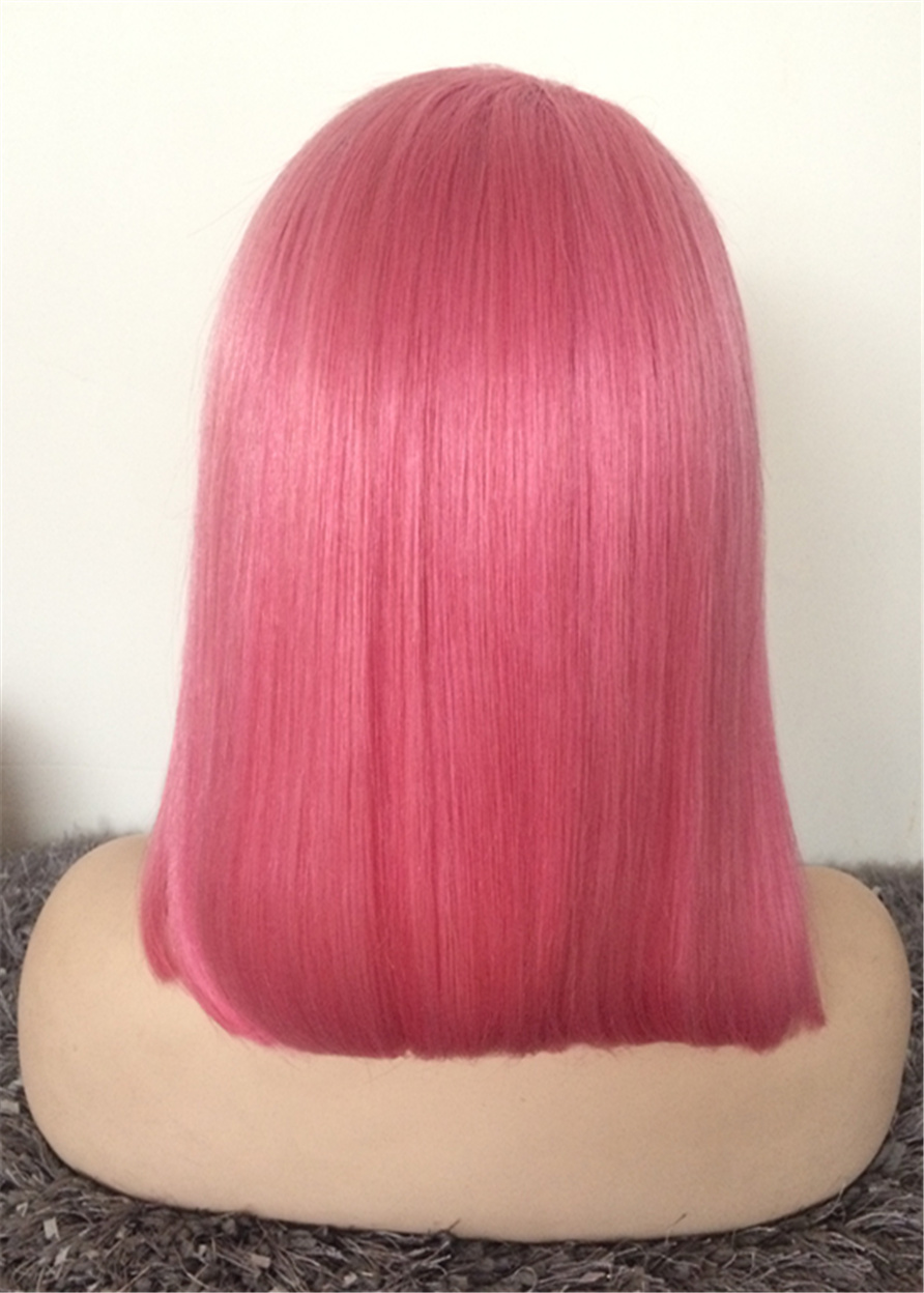Mid Length Pink Color Straight Human Hair Lace Front Wig