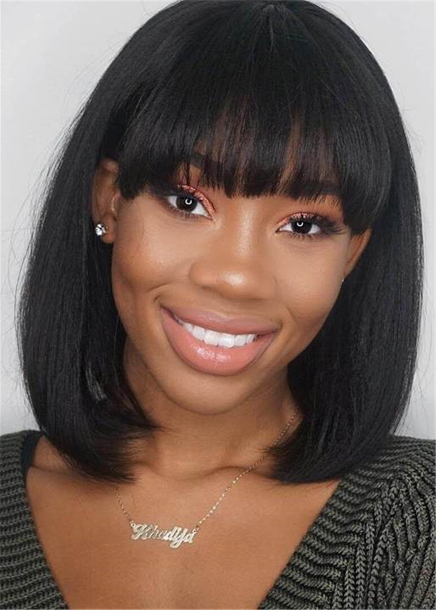 MediumStraight Human Hair Bob Wigs With Bangs 14 Inches For African American Womens