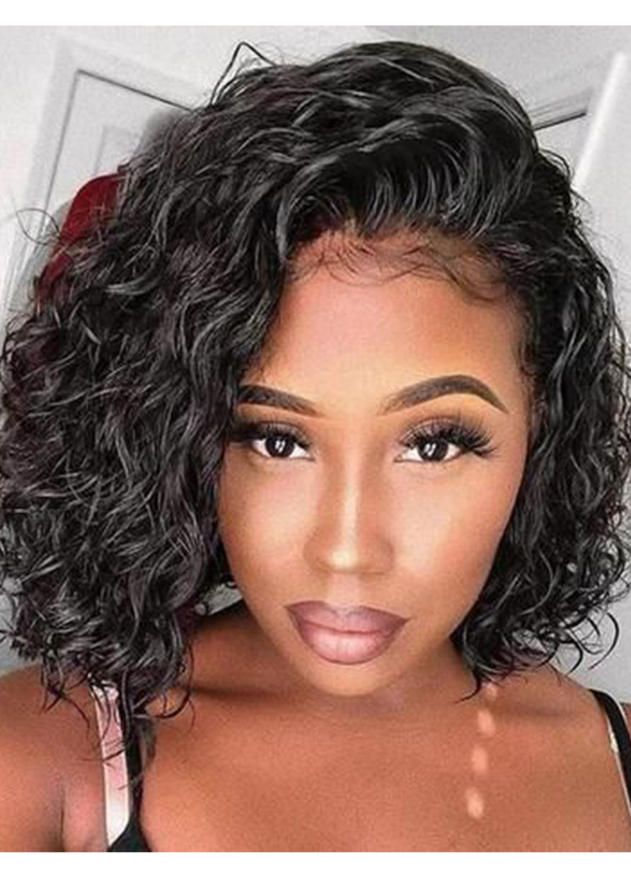 Women's Medium Bob Hairstyles Side Part Kinky Curly Human Hair Wigs Afro Lace Front Wigs 14Inch