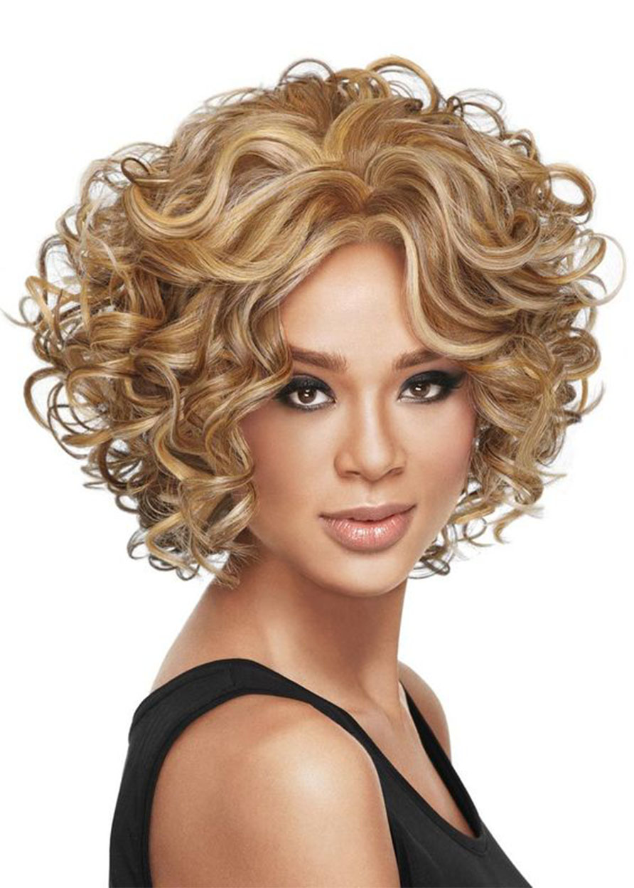 Short Layered Hairstyles Curly Bob With Side Bangs Women's Human Hair Lace Front Wigs 14Inch