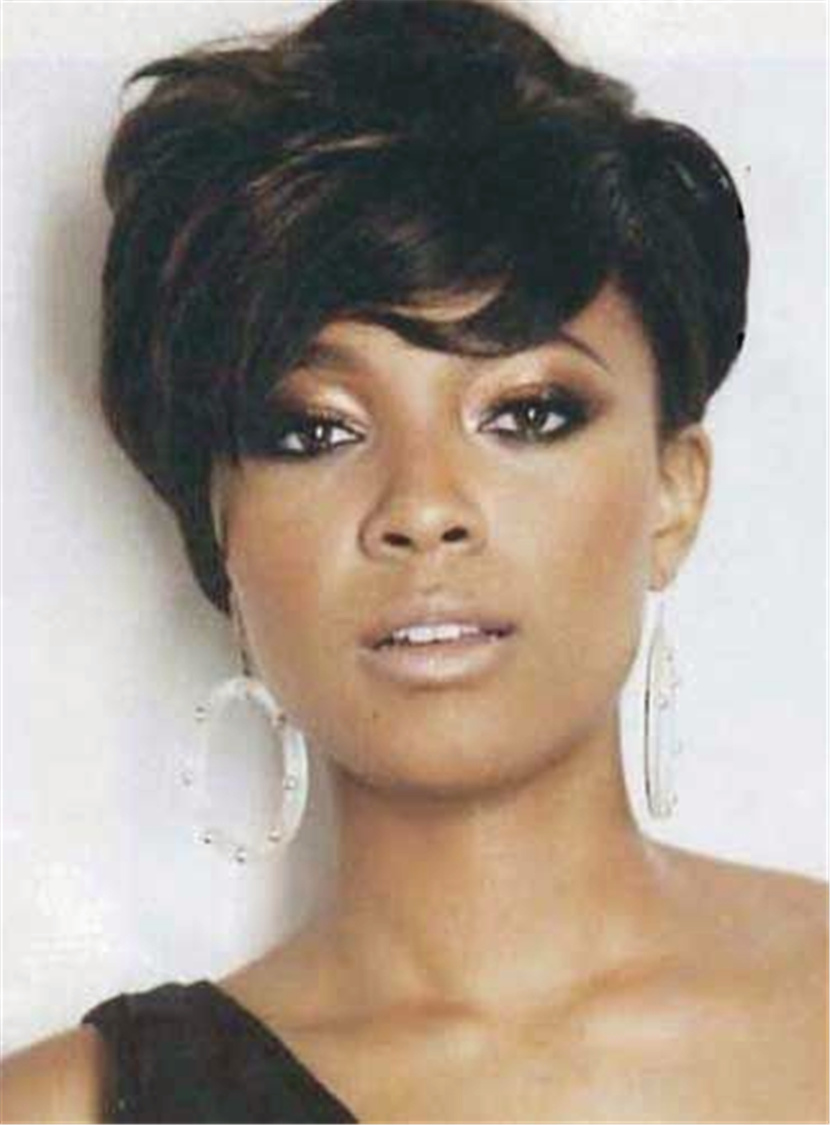 Short Tilted Pixie Hairstyle Straight Human Hairs Capless Women African American Wigs 6 Inches
