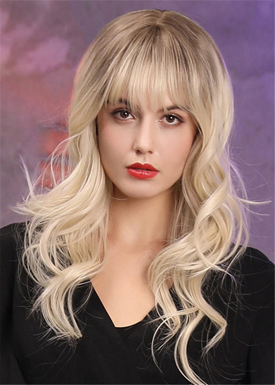 Liight Cilor Long Wavy Synthetic Hair WIth Bangs Women Wig 22 Inches