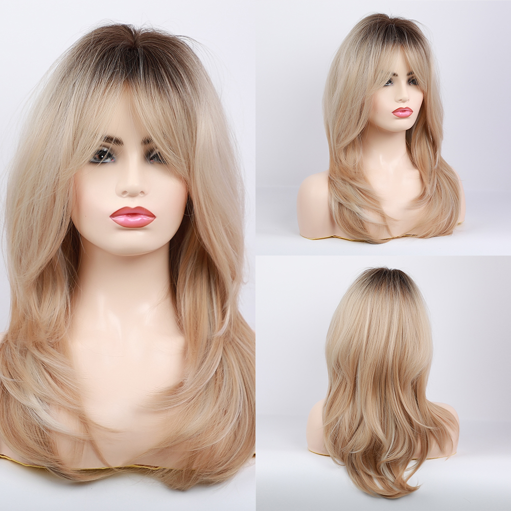 Long Blonde Synthetic Wigs With Layered Bangs Women Wig 24 Inches