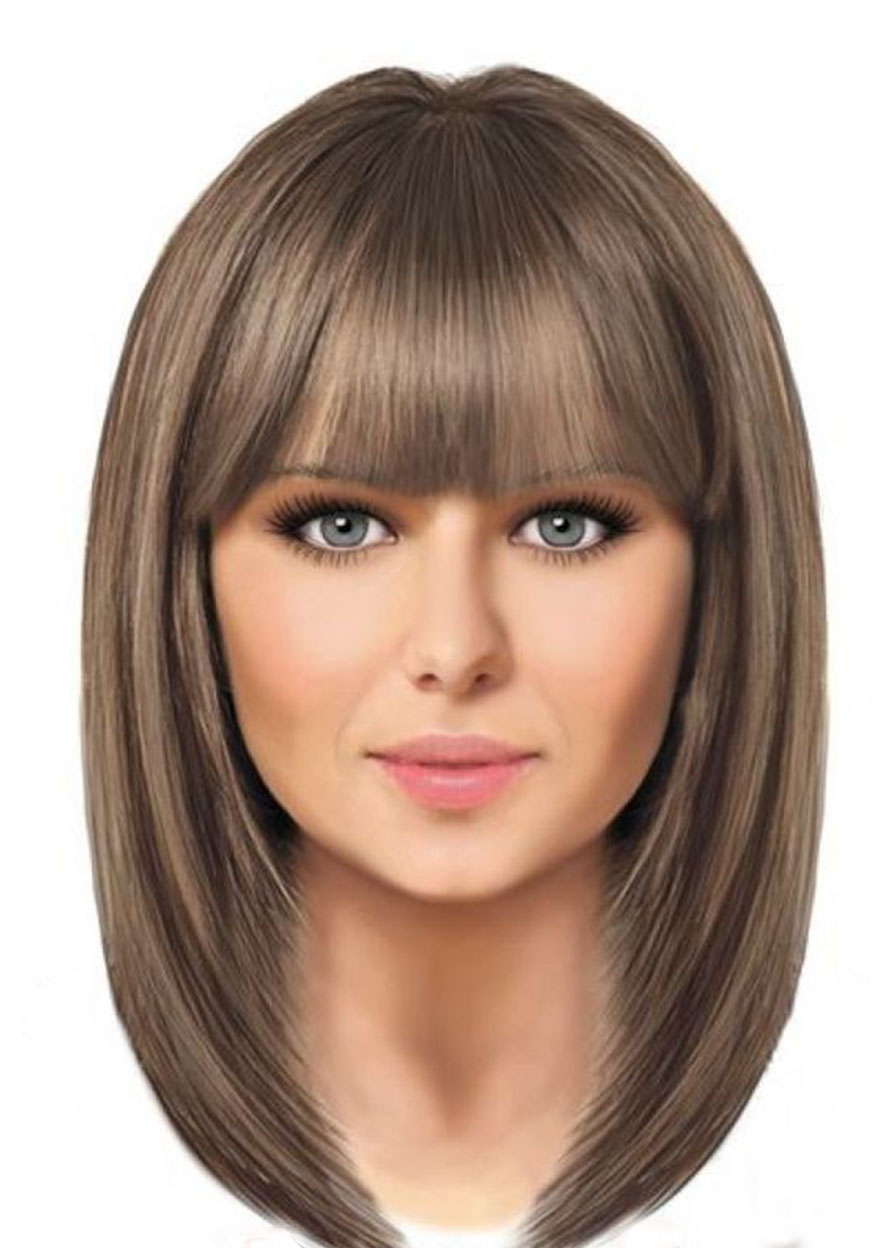 Medium Bob Hairstyles Women's Straight Synthetic Hair Wigs With Bangs Capless Wigs 16Inch