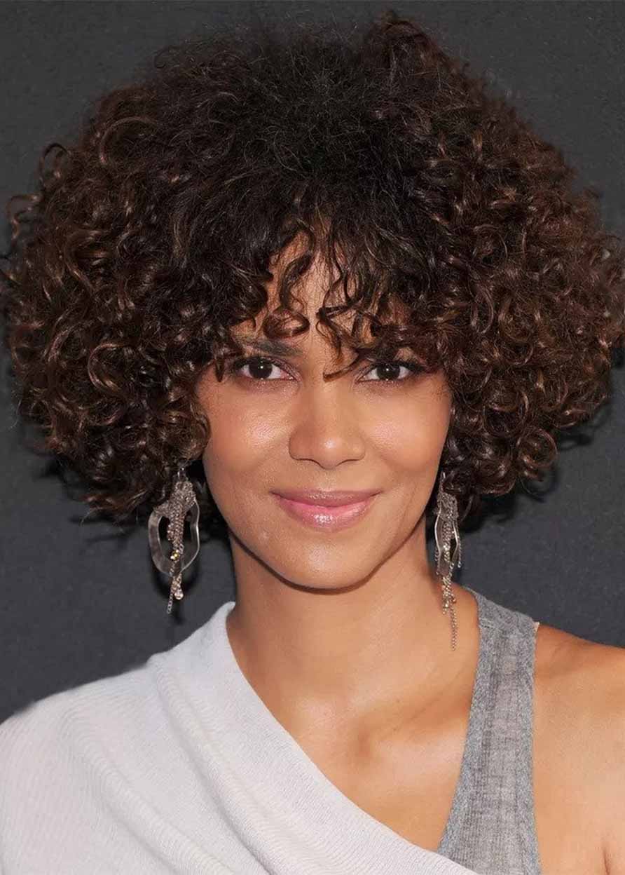 Medium Hairstyles Women's Bob Style Curly Human Hair Capless Wigs With Bangs 16Inch