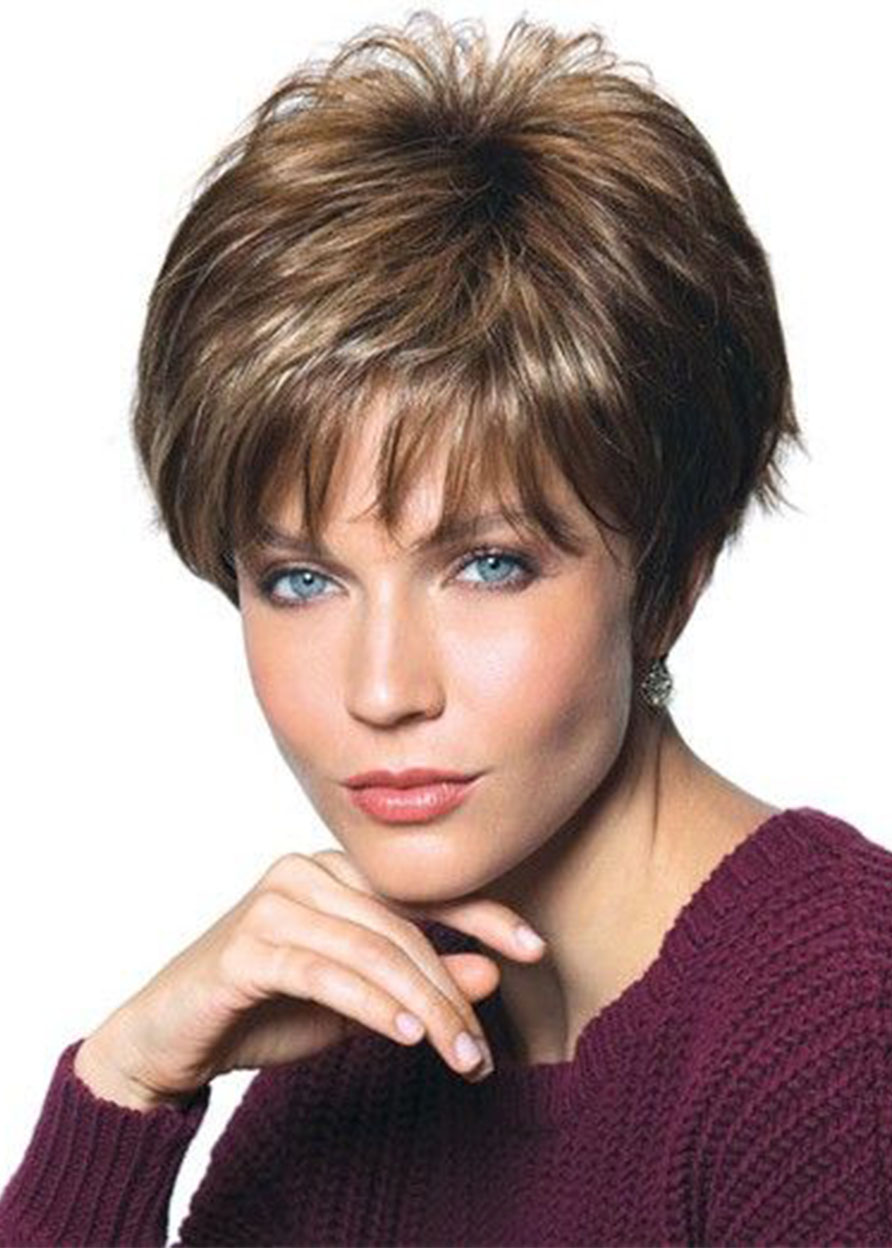 Brown Short Layer Natural Straight Hair Wigs with Bangs Synthetic Capless Wigs 12 INCH