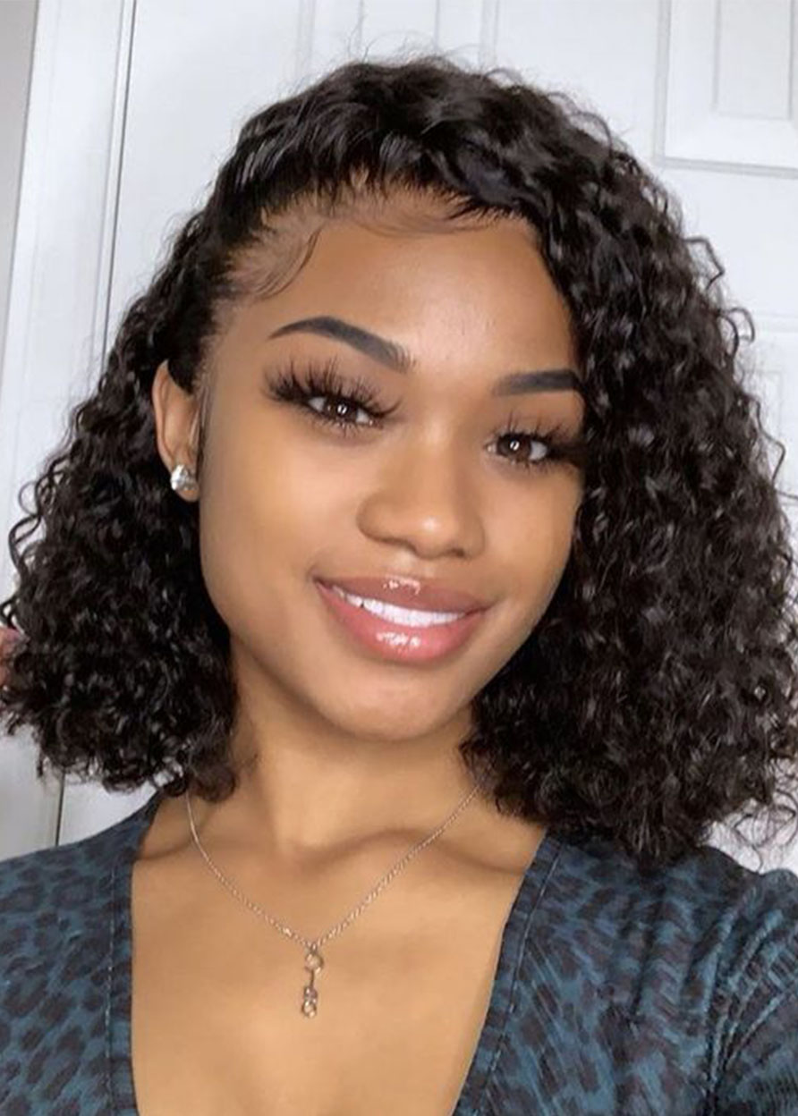 Women's Medium Bob Hairstyle Kinky Curly 100% Human Hair Lace Front Wigs 16Inch