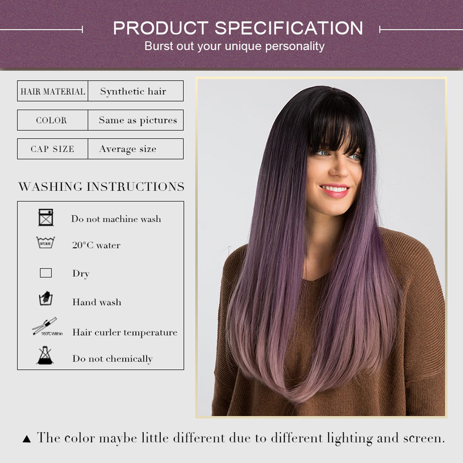 130% Density Long Straight Hair Wigs Black&Purple Color Synthetic Capless Wig 24inch