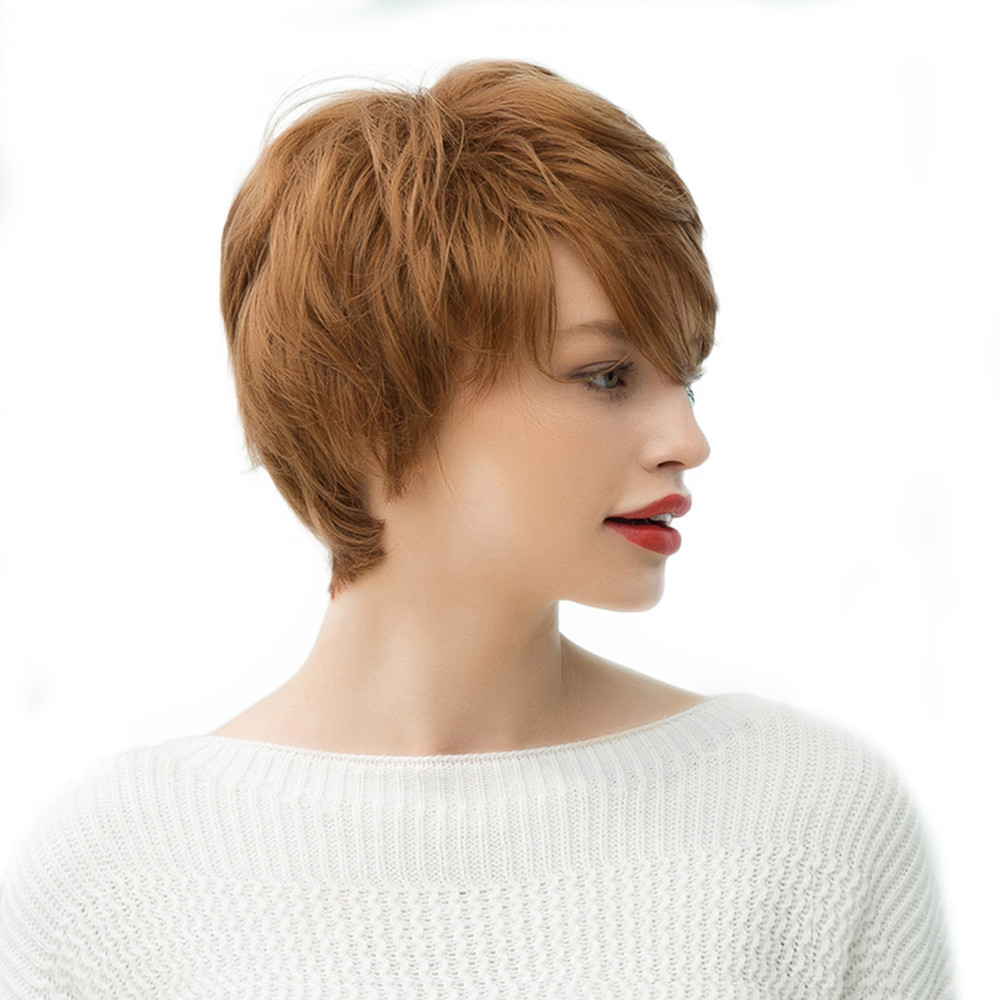 130% Density Women's Short Hairstyles Straight Human Hair Blend Wigs Capless Wigs 10Inch