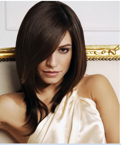 Glamorous Lady Hairstyle Medium Straight 16 Inches Dark Brown Natural Lace Wig