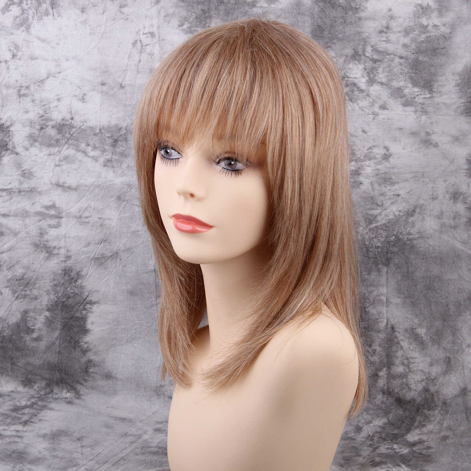 Full Bang Shoulder Length Layered Cut Human Hair Blend Women Wigs