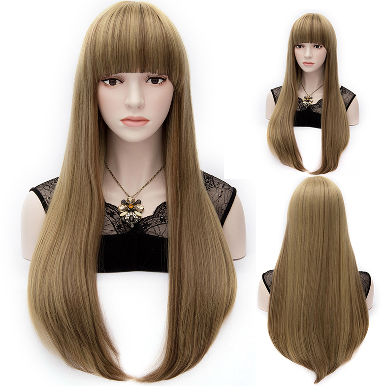 European Style Mixed Colored Long Straight Party Wig with Front Bangs 28 Inches