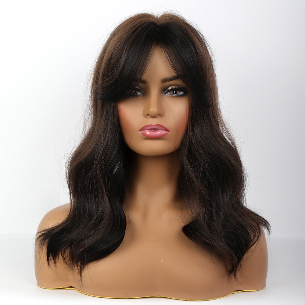 Dark Brown Highlights Wave Synthetic Hair Wigs With Bangs 20 Inches