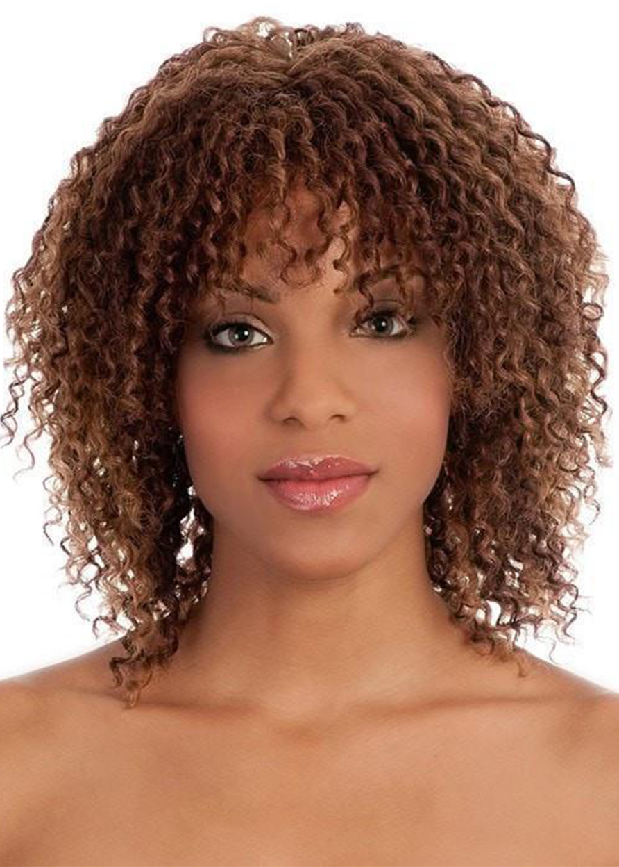 Women's Shoulder Length Layered Curl Hairstyle Curly Synthetic Hair Capless Wigs With Bangs 16Inch