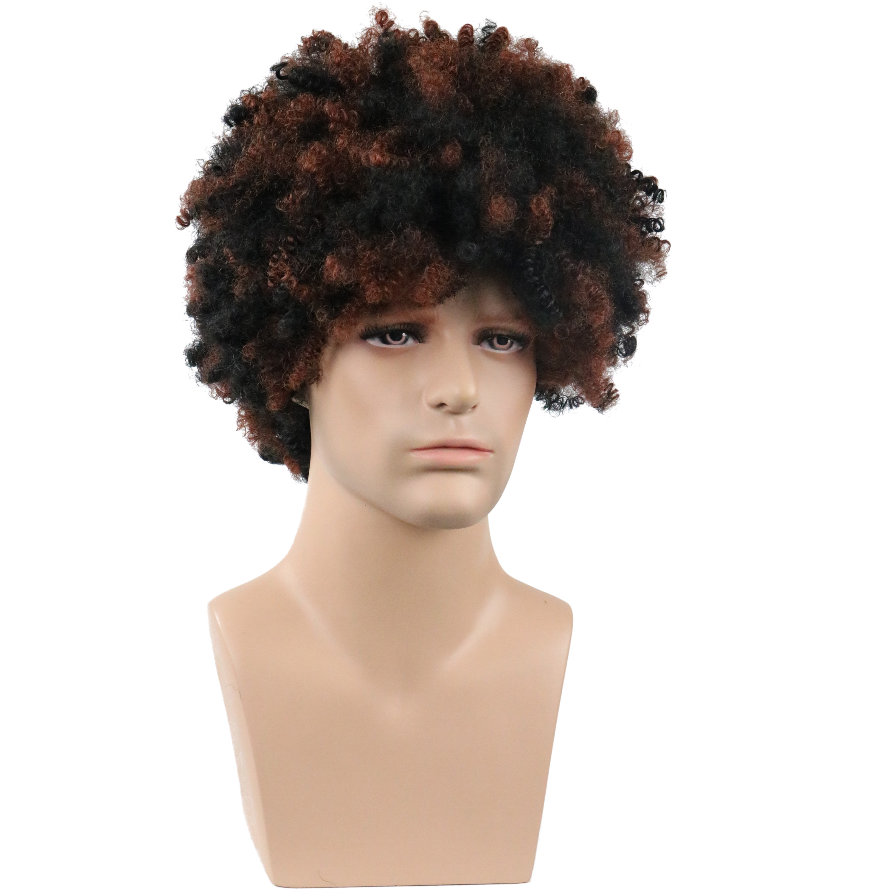 Men's Short Afro Curly Synthetic Hair Capless Wigs Black&Brown Mixed Color 12inch