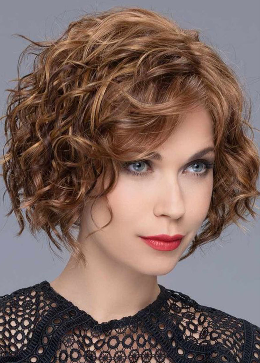 120% Density Women's Middle Length Brown Color Hairstyles Curly Human Hair Wigs Rose Lace Front Wigs 16Inch