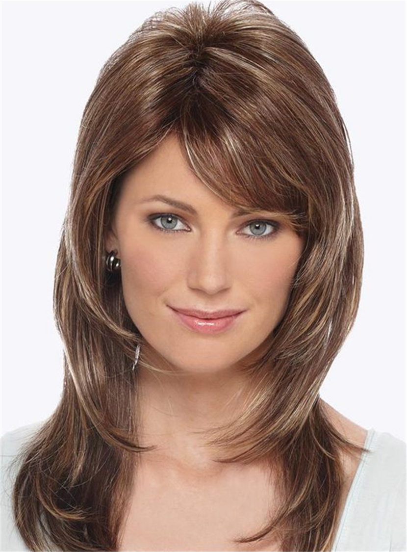 Women's Side Fringe Layered Cut Straight Human Hair Capless Wigs with Bangs 16Inch