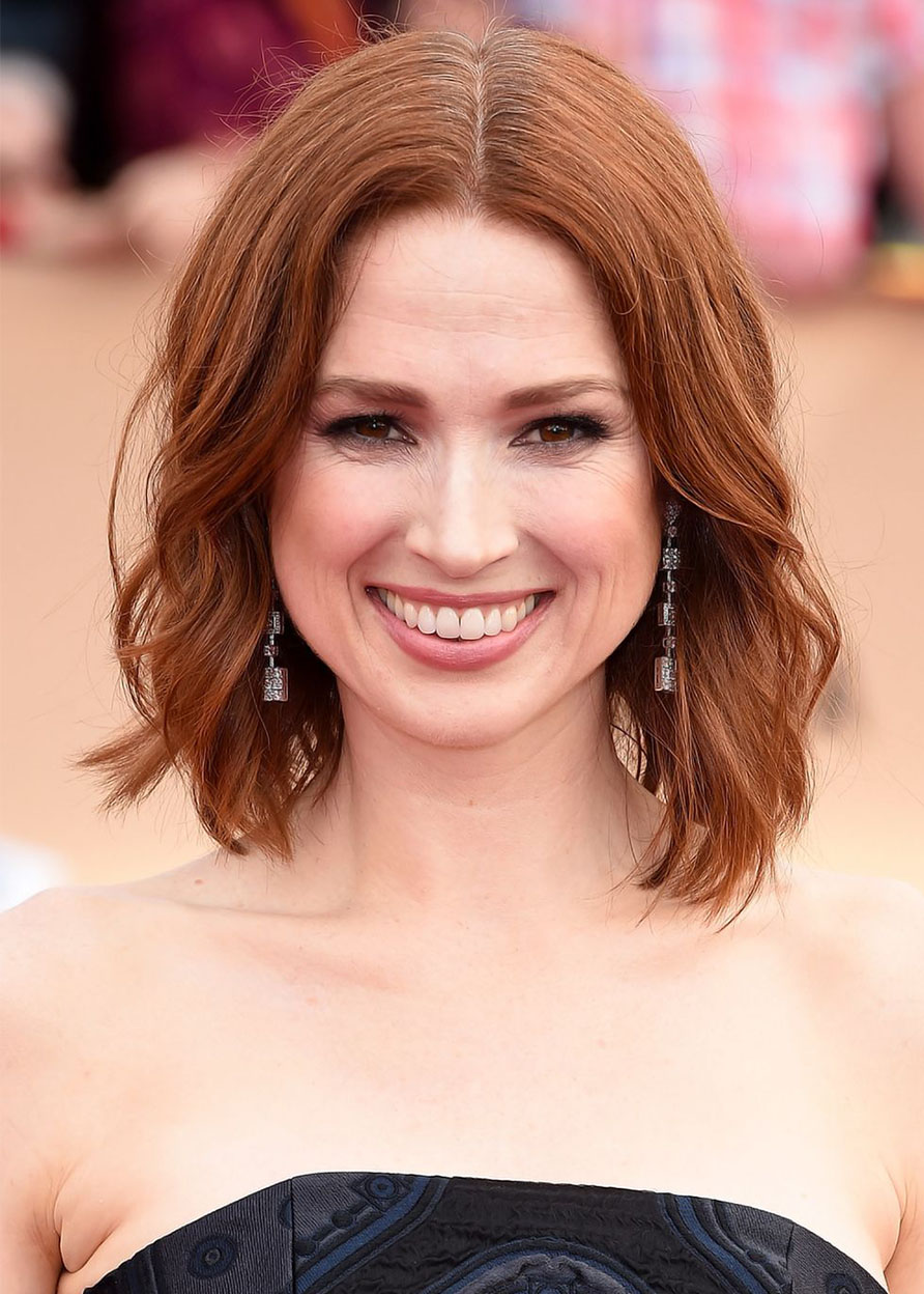Ellie Kemper's Choppy Lob With Softly Wavy Ends Hairstyle Women's Synthetic Hair Capless Wigs 14Inch