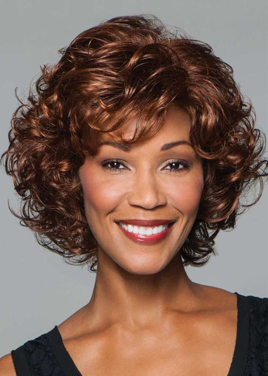 Women's Natural Looking Brown Color Medium Layered Hairstyle Curly Synthetic Hair Capless Wigs 14Inch