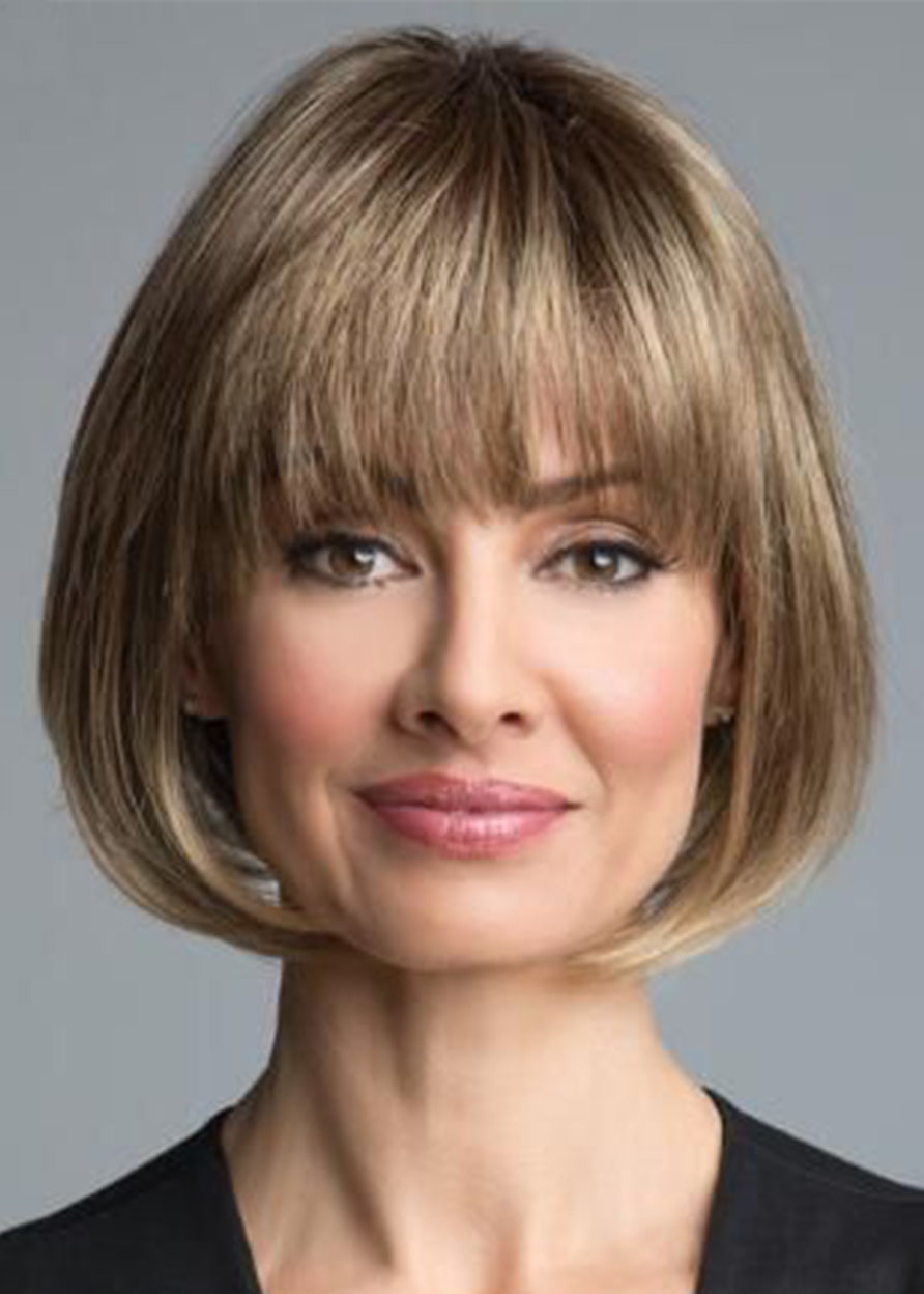 Natural Looking Women's Short Bob Hairstyle Straight Synthetic Hair Capless Wigs With Bangs 10Inch