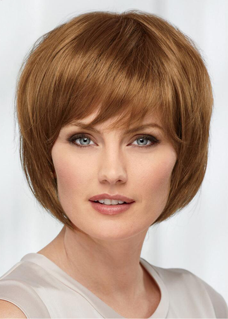 Bob Style Women's Blonde Straight Human Hair Capless Wigs With Bangs 10Inch