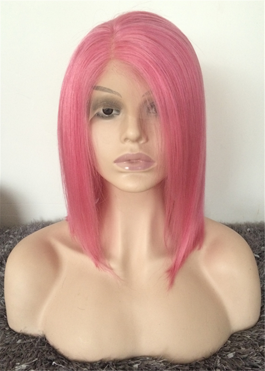 Mid Length Pink Color Straight Human Hair Lace Front Wig
